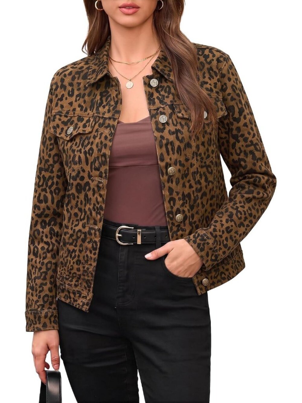 Women's Brown Cheetah Print Denim Jean Jacket Western Casual Trucker Coat